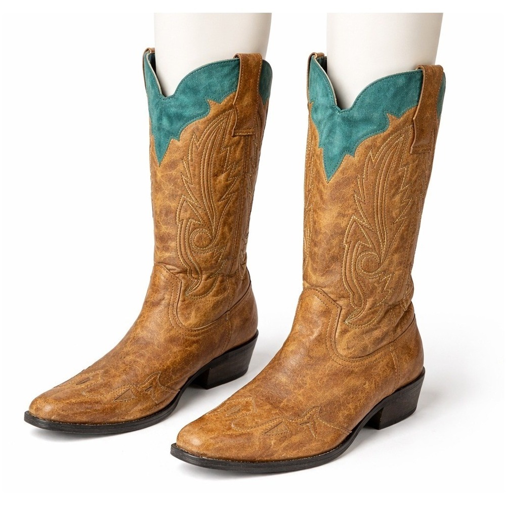 Women's Two-Tone Western Cowboy Boots - Brown with Teal Accent